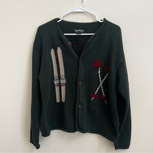80s EARLY WINTERS Heavy Cotton Ski Poles Boot Knit Cardigan Sweater Green size M